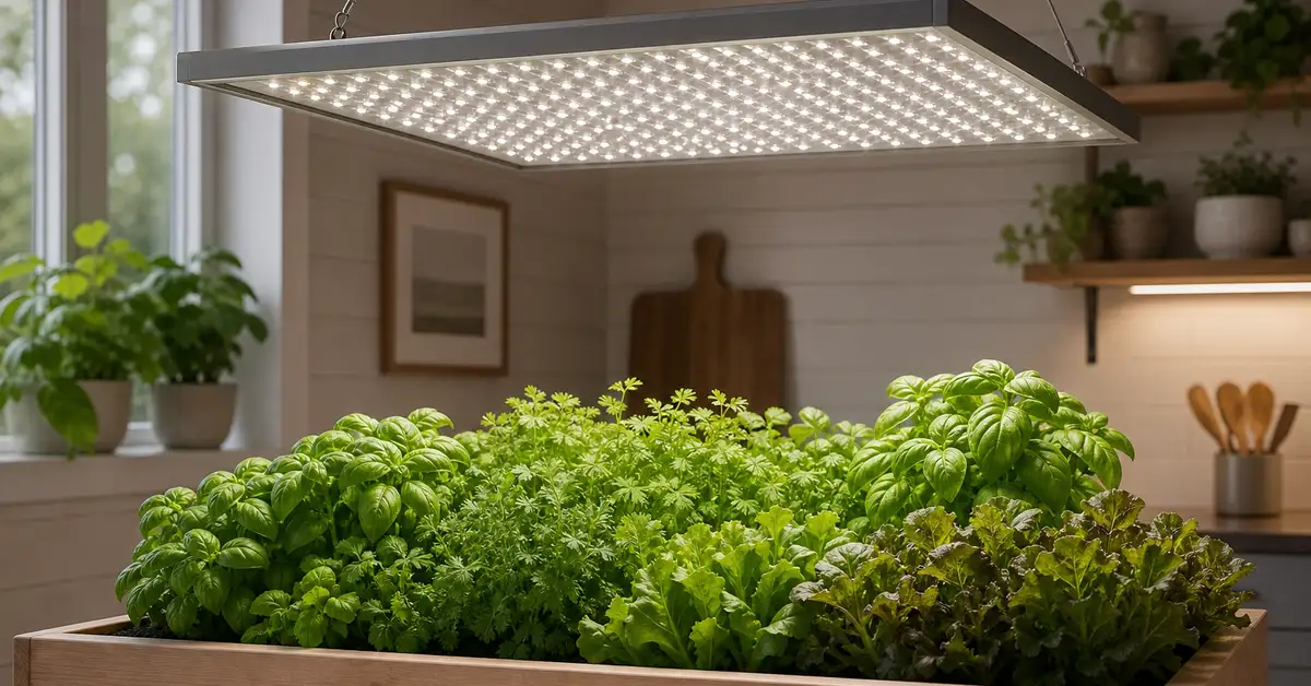 LED quantum board grow light panel illuminating a home herb garden