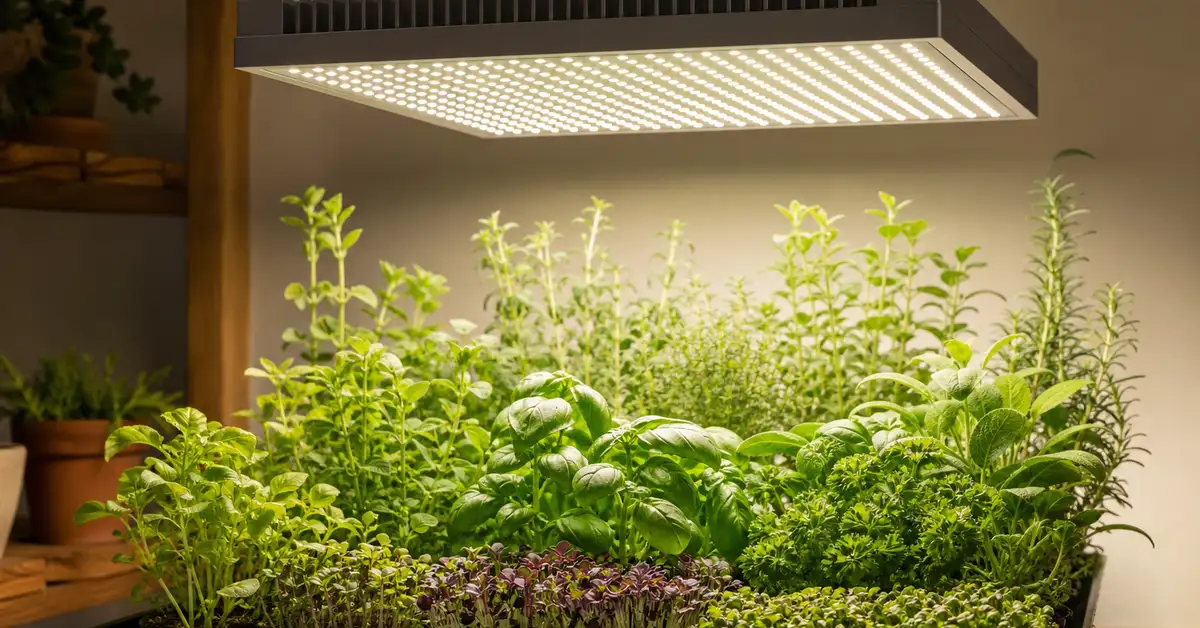 Compact LED grow light panel over a square herb and seedling arrangement
