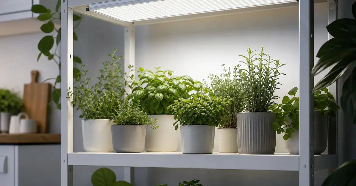 Budget LED grow light panel illuminating a home shelf growing setup