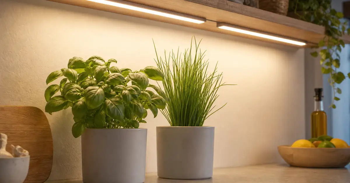 Slim LED bars mounted under kitchen shelf above fresh herb pots