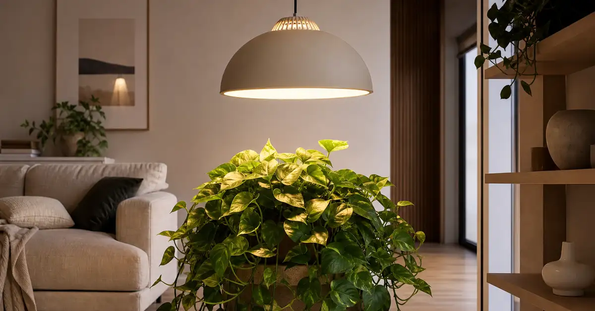 Pendant-style grow light hanging over a decorative houseplant in a living room