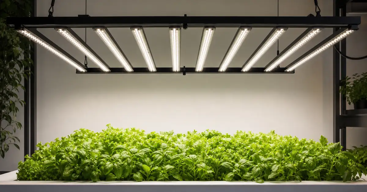 Bar-style LED grow light array providing uniform canopy coverage over indoor plants