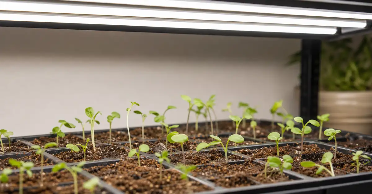 T5 LED bars positioned above a seed starting tray with sprouting seedlings