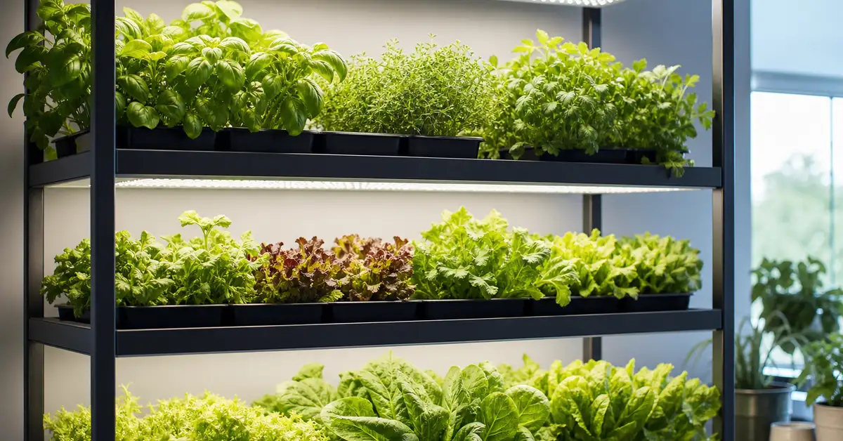 LED panel illuminating a tiered indoor growing rack with herbs and leafy greens
