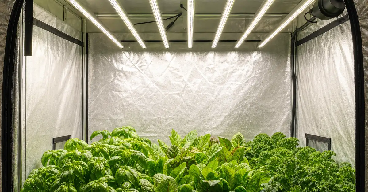 Foldable LED bar array inside a grow tent with mature basil and leafy greens