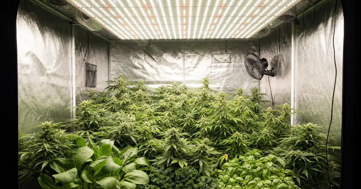 Large LED panel covering a full 4x4 foot grow tent with bushy lush plants