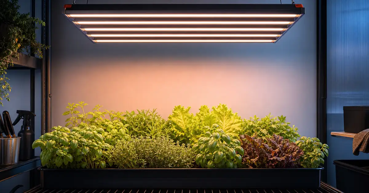 Bar-style LED grow light array providing uniform coverage over an indoor growing tent