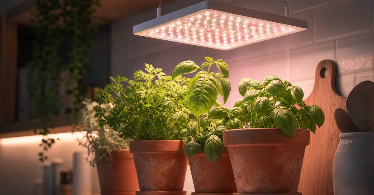Compact LED quantum board grow light panel illuminating a home herb garden
