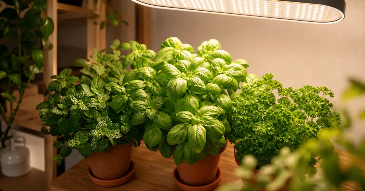 Indoor herb garden growing under a white LED grow light panel