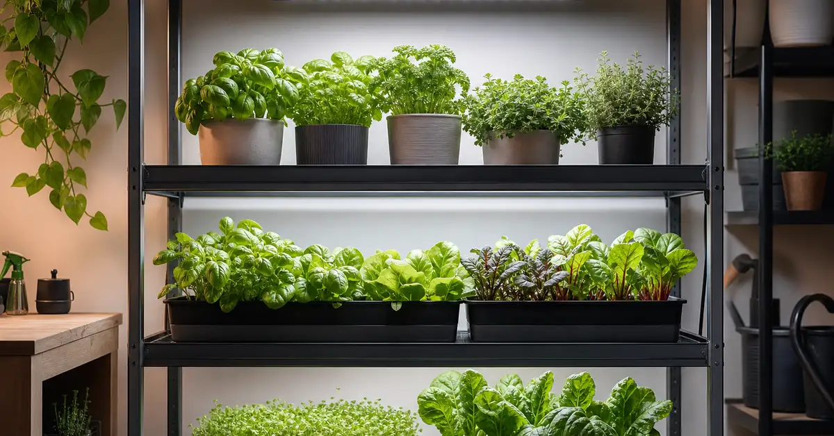 Affordable mid-power LED panel grow light illuminating a tiered indoor growing rack
