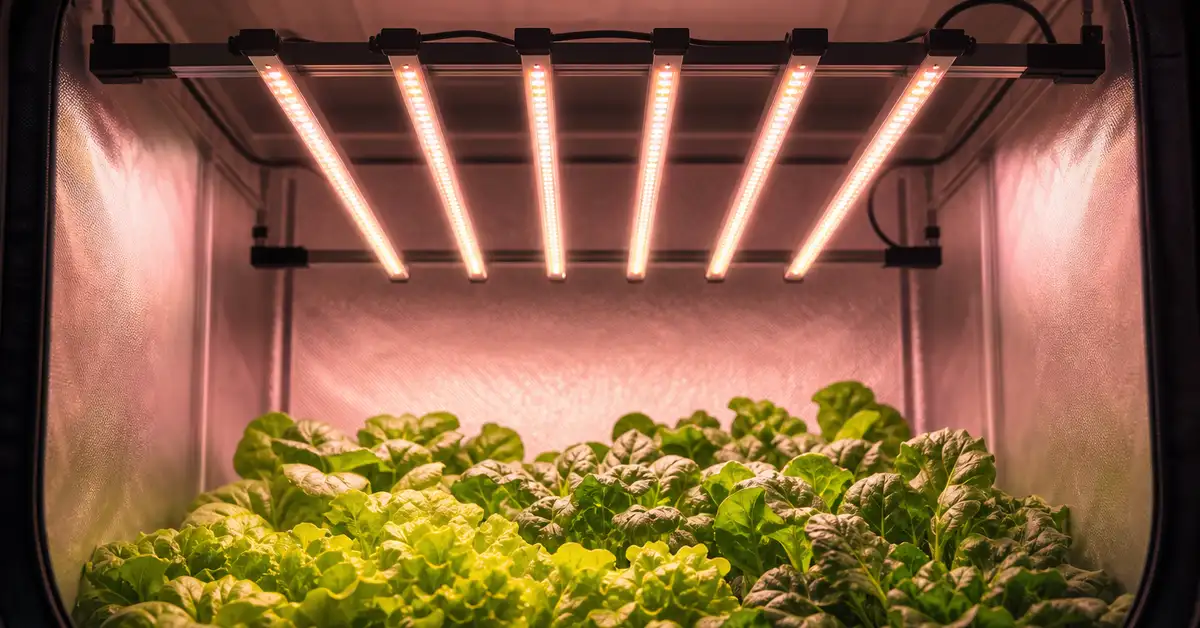 Detachable multi-bar LED grow light inside a grow tent over lush green indoor plants