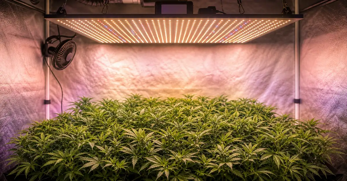 Large LED quantum board grow light covering a full 4x4 foot indoor grow tent