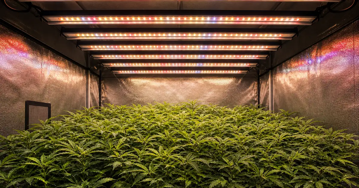 Large multi-bar LED grow light system covering a full 4x4 foot indoor growing tent