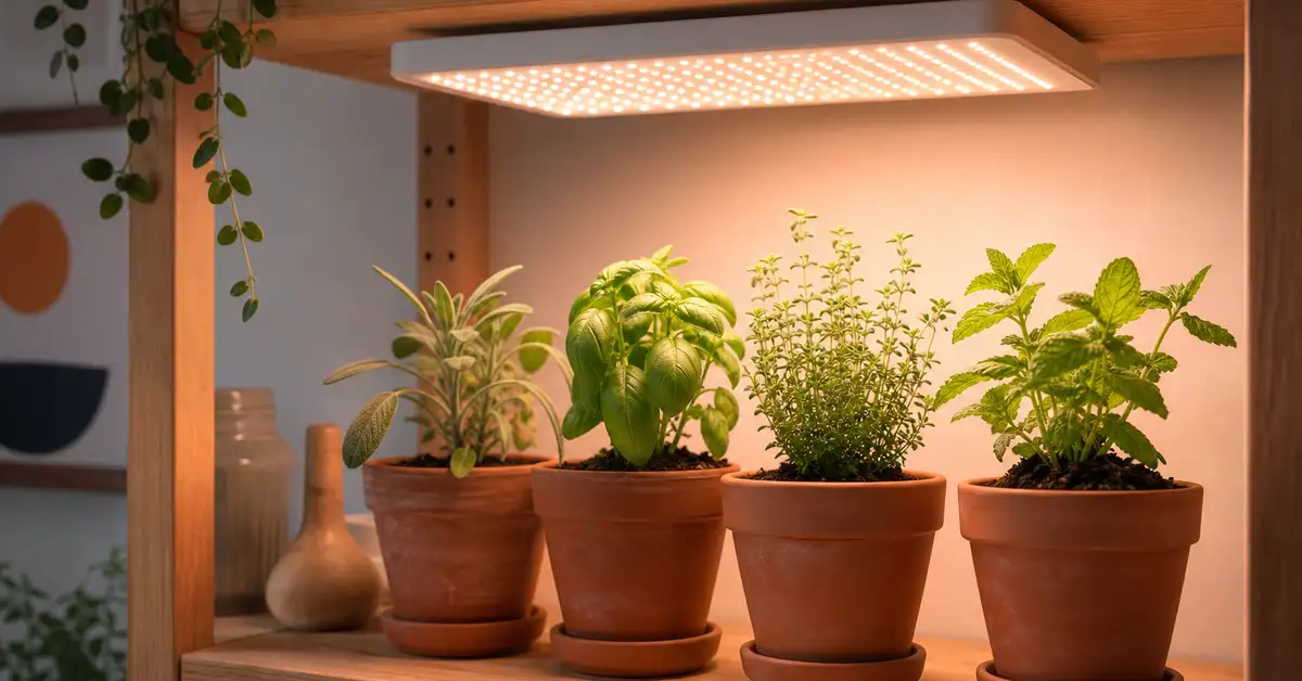 Beginner-friendly compact LED grow light panel over a small indoor herb and seedling setup