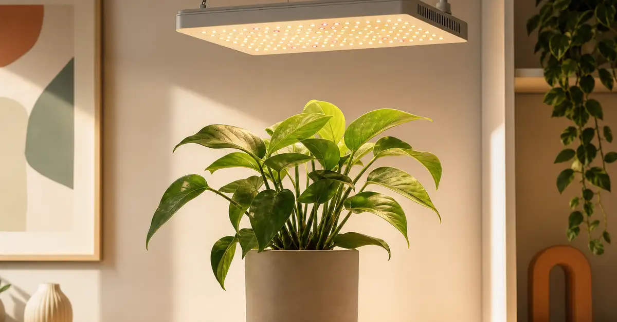 Premium compact LED grow light board illuminating a small indoor plant growing space