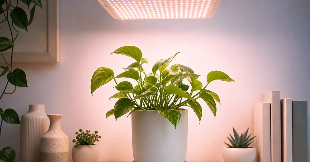 Budget LED grow light panel illuminating a compact indoor herb shelf setup