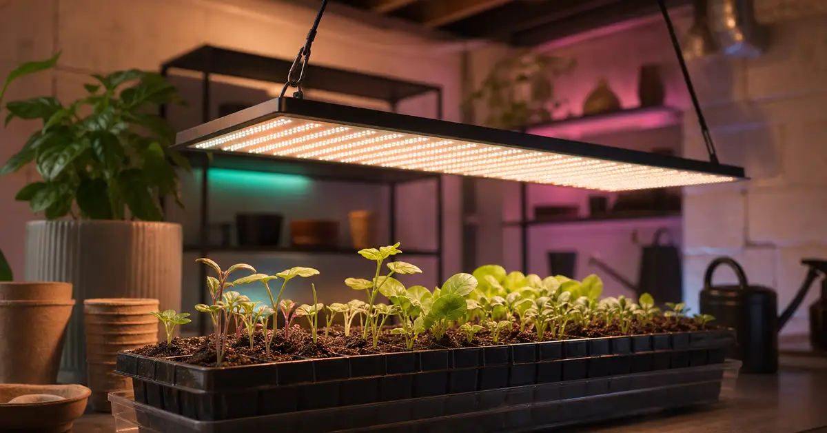 Rectangular LED quantum board grow light over seed starting trays and young seedlings