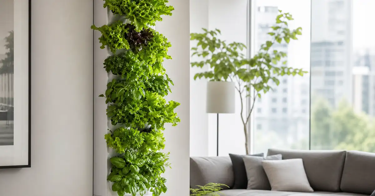 Vertical smart hydroponic garden wall densely planted with lettuce and herbs in a bright living room