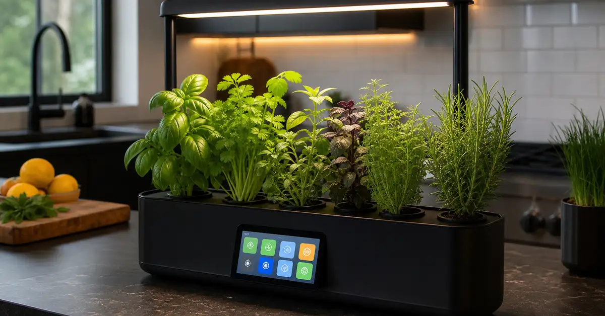 Countertop hydroponic garden with a touchscreen display and herbs growing under an LED grow light