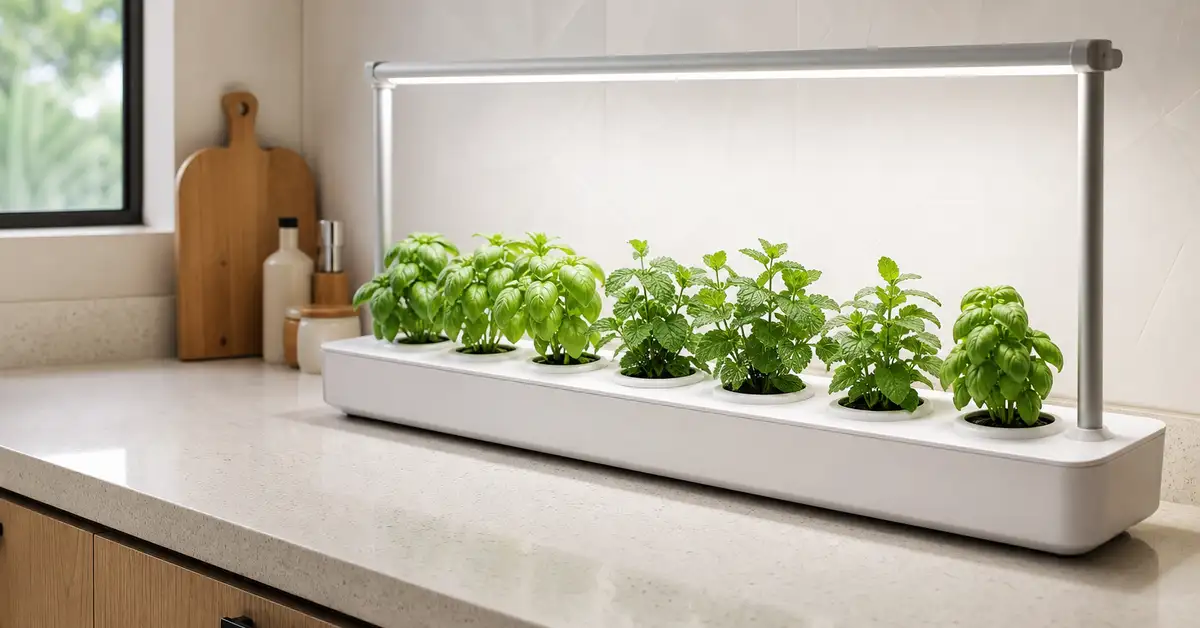 Wide countertop plant-pod garden with basil and mint growing under a slim LED light bar