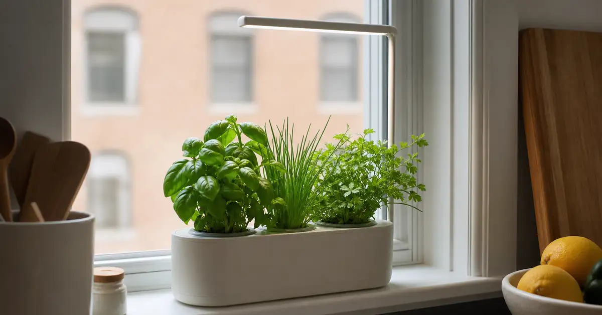 Small three-pod countertop herb garden on a narrow apartment kitchen windowsill