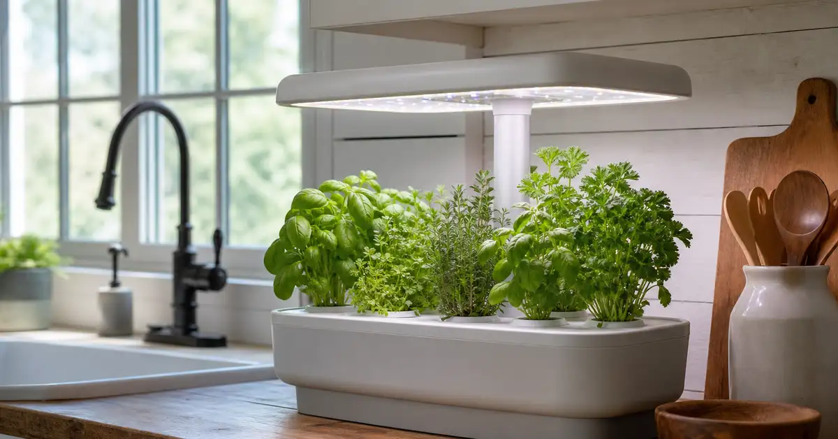 Classic six-pod countertop hydroponic herb garden with a dome LED grow light on a kitchen counter