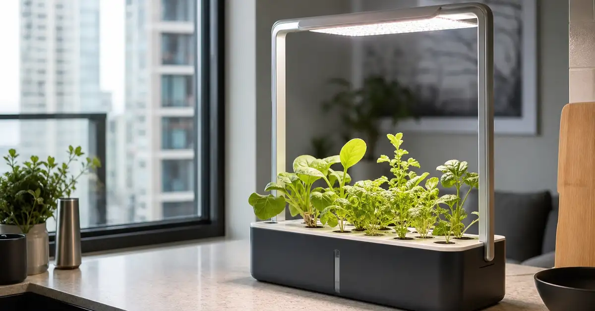 Compact metal-frame countertop hydroponic garden with young seedlings under a bright LED light