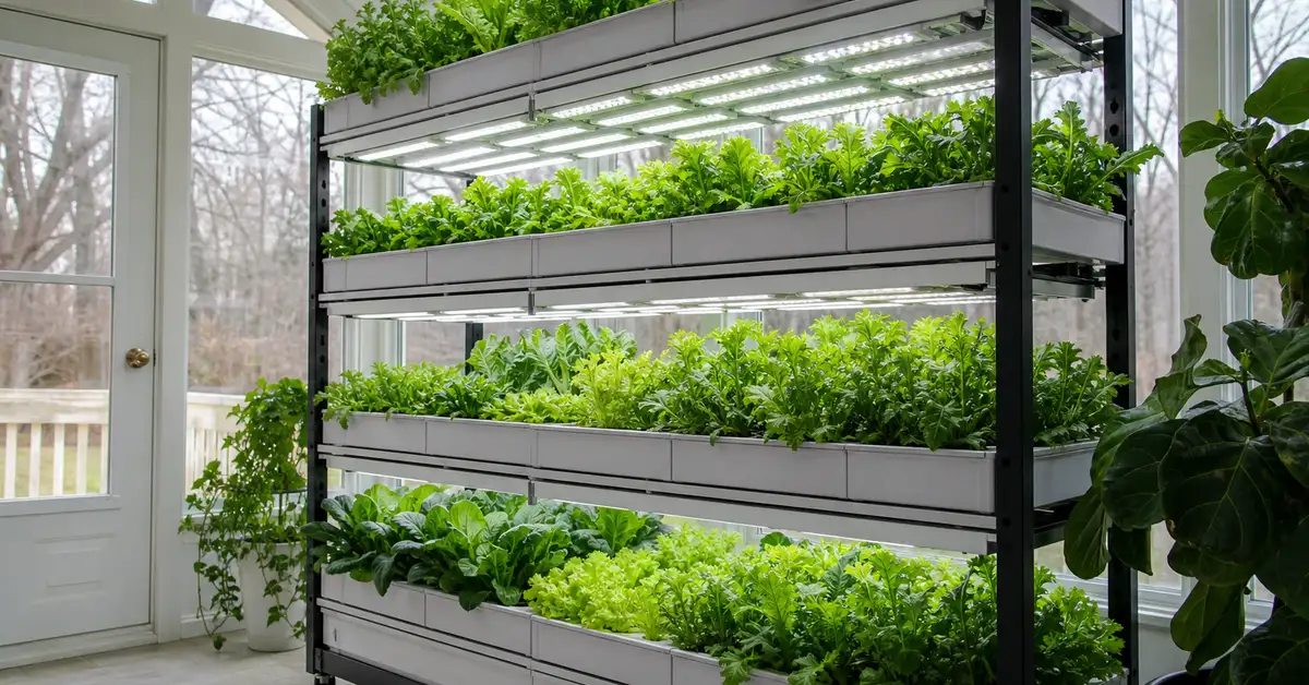 Large multi-tier horizontal hydroponic garden shelving unit with rows of leafy greens under LED panels
