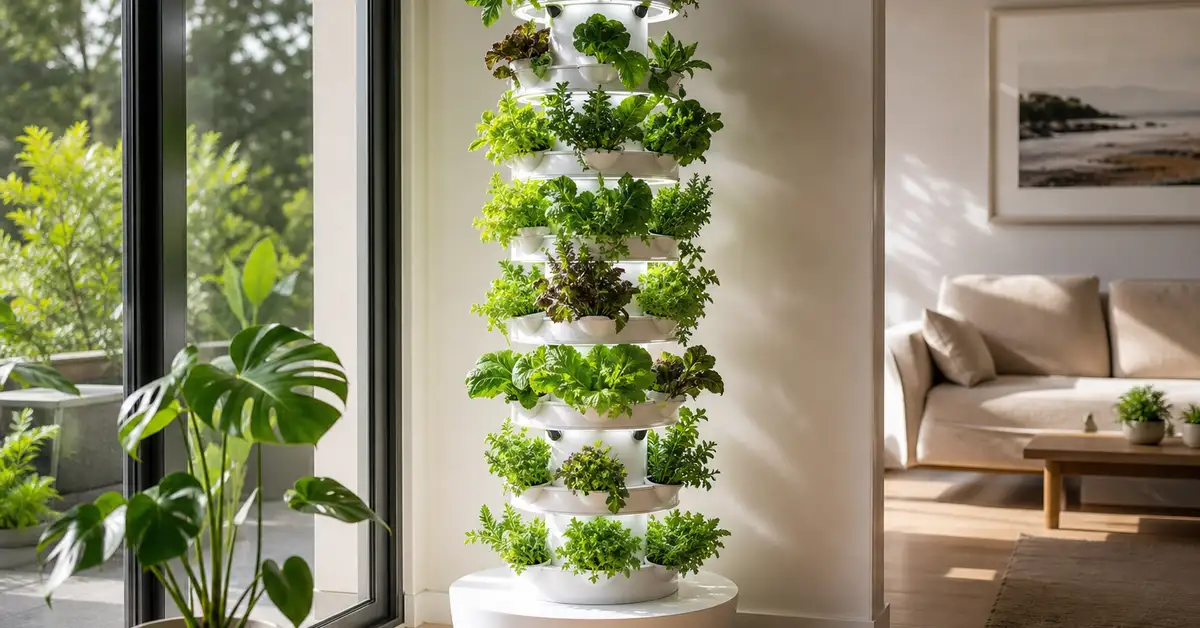 Tall white sculptural vertical hydroponic tower with lettuce and herbs growing from its rings in a living room