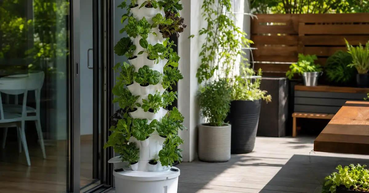 Vertical aeroponic tower garden with leafy greens on a sunny patio near sliding glass doors