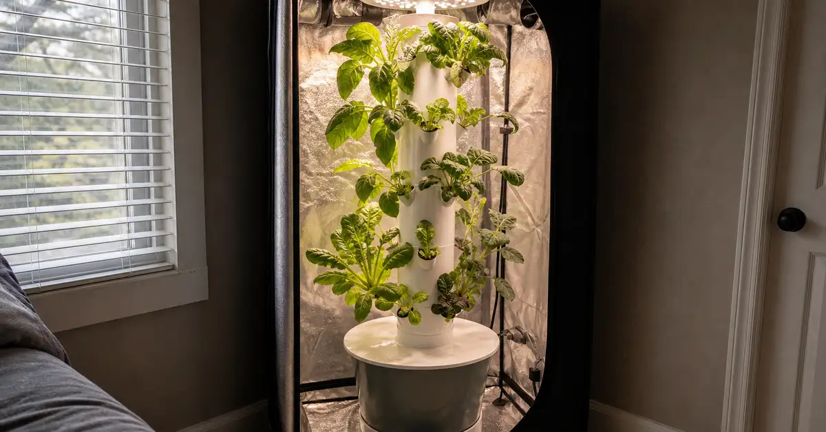 Indoor grow tent with a vertical hydroponic tower and full-spectrum LED grow lights illuminating leafy greens