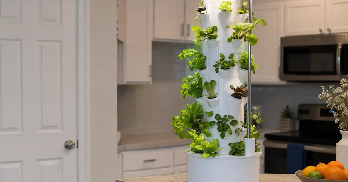 Tall value countertop hydroponic tower with many small plant pods under a simple LED light bar