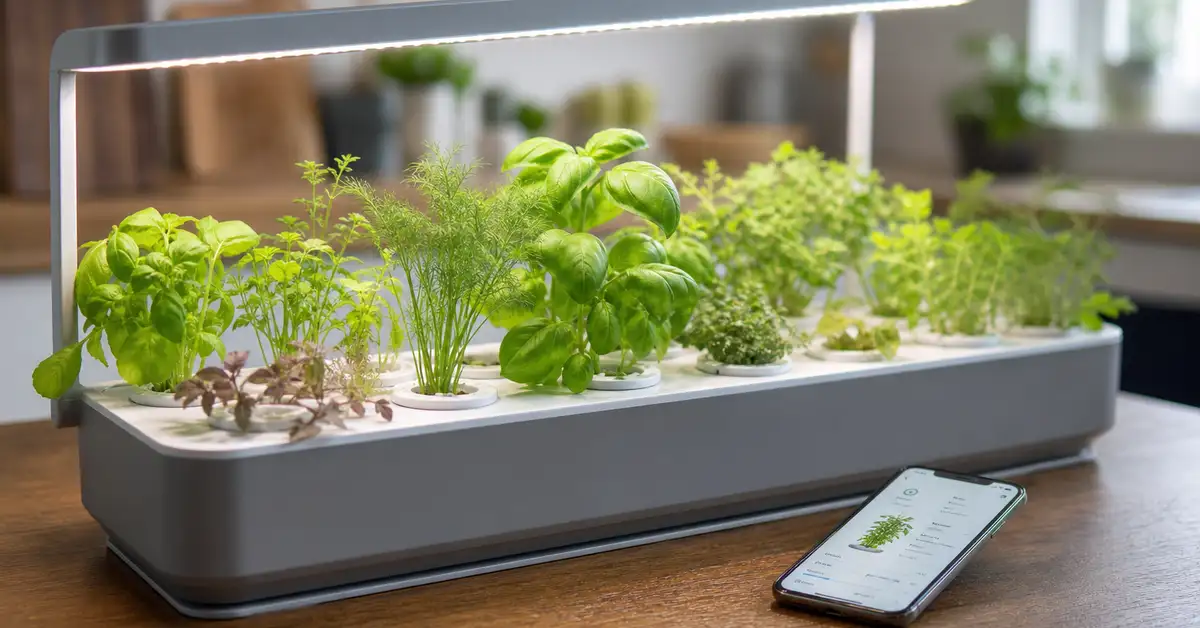 Wide tabletop hydroponic garden with rows of pods sprouting herbs, with a smartphone plant-care app nearby