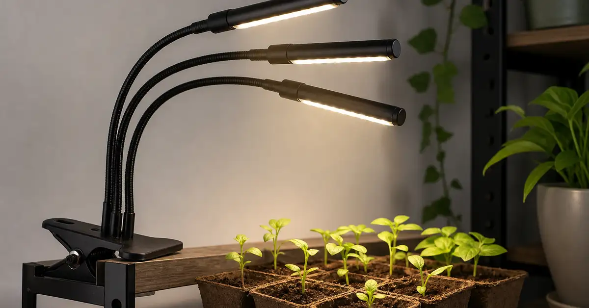 Adjustable three-head gooseneck clip LED grow light over seedling pots