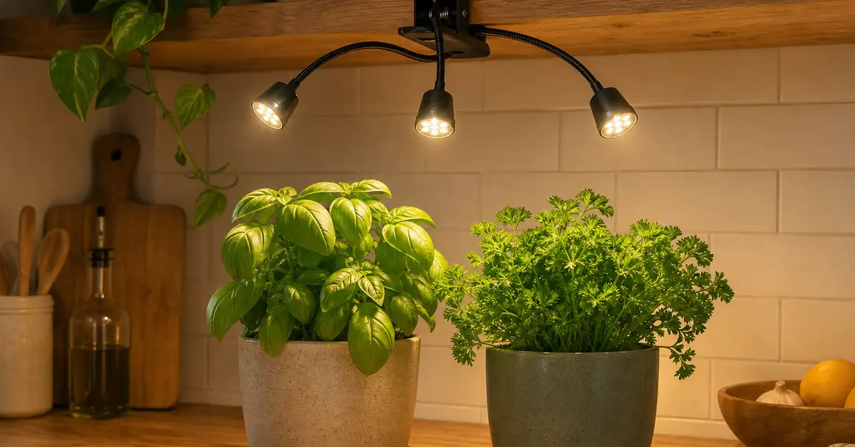 Three-head LED clip grow light illuminating basil and herb pots on kitchen counter
