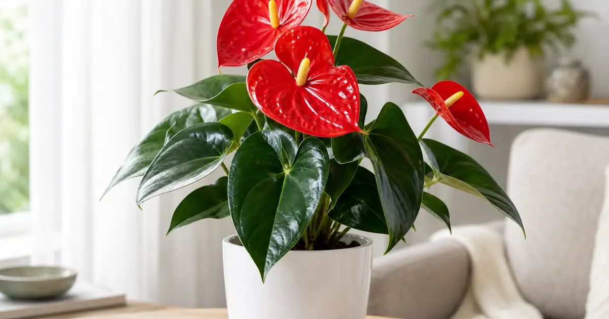 Anthurium with glossy red spathe and dark green leaves in white ceramic pot