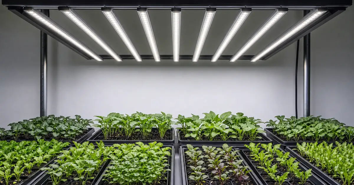 Bar-style LED grow light array hanging above rows of seedling trays
