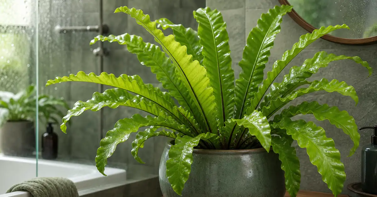 Bird's nest fern with crinkled bright green fronds in ceramic pot in bathroom