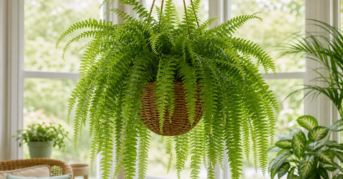 Boston fern with cascading lush green fronds in hanging wicker basket in sun room