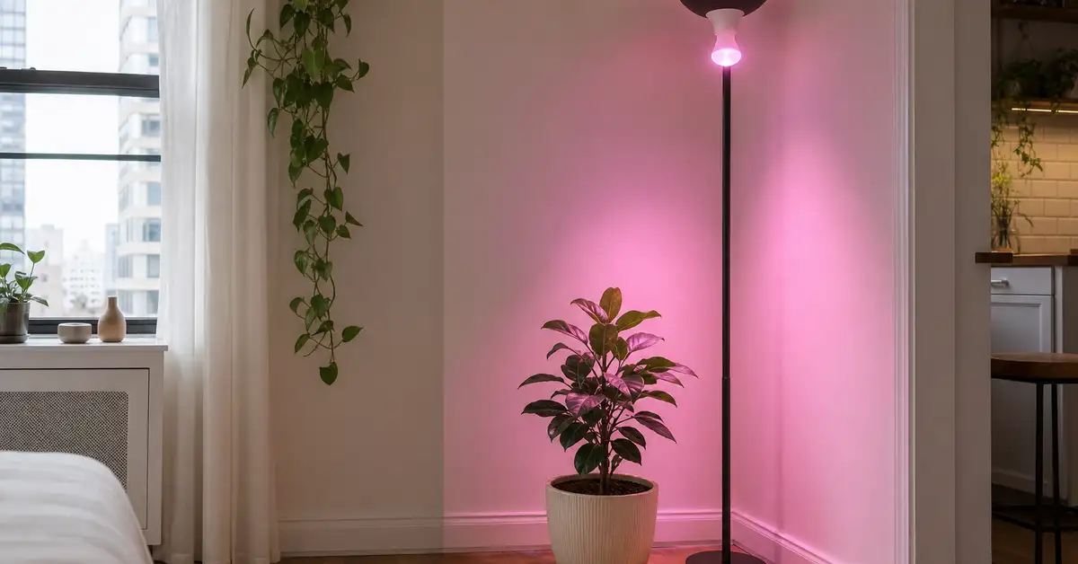 BR30 LED grow light bulb in floor lamp illuminating potted plant in small apartment