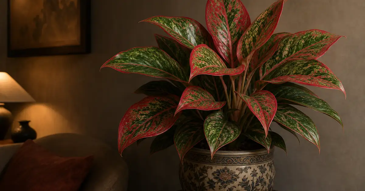 Chinese evergreen with variegated red-green leaves in ceramic pot in dim living room