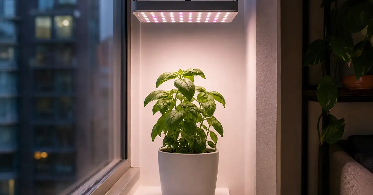 Compact LED grow light panel above single plant on apartment windowsill