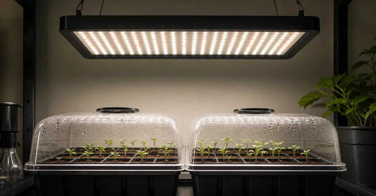 Compact LED panel grow light above seedling trays under humidity domes
