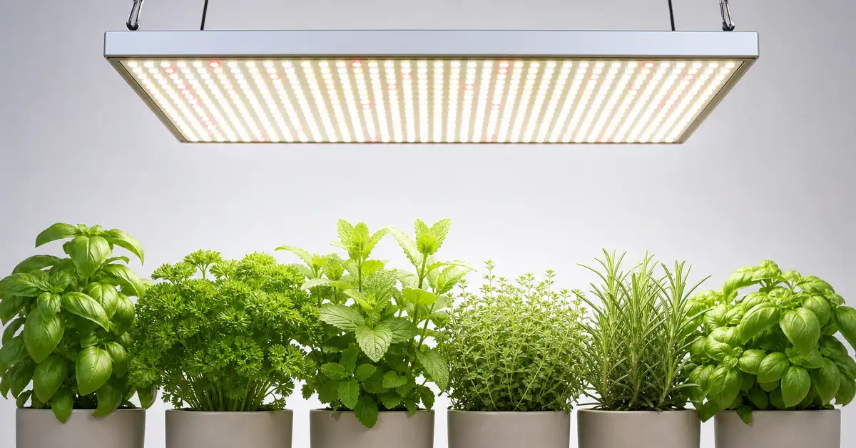 Compact LED quantum board grow light panel hanging on rope hangers above herb pots