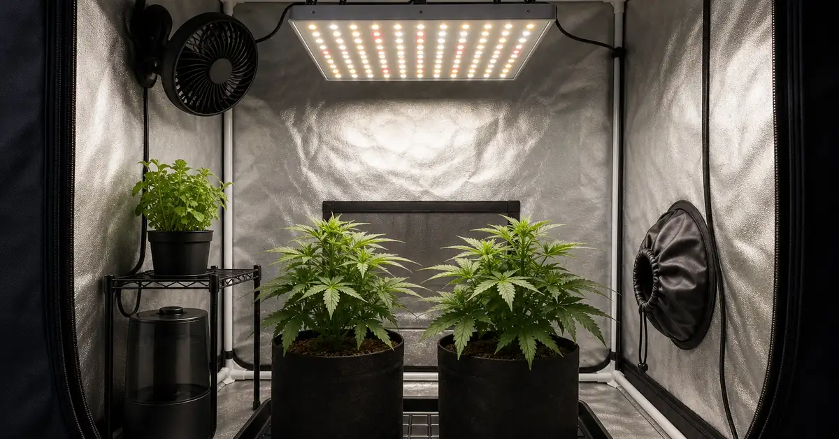 Compact LED quantum board panel above small 2x2 grow tent interior