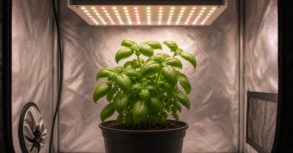 Compact LED quantum board above single potted basil in small grow tent