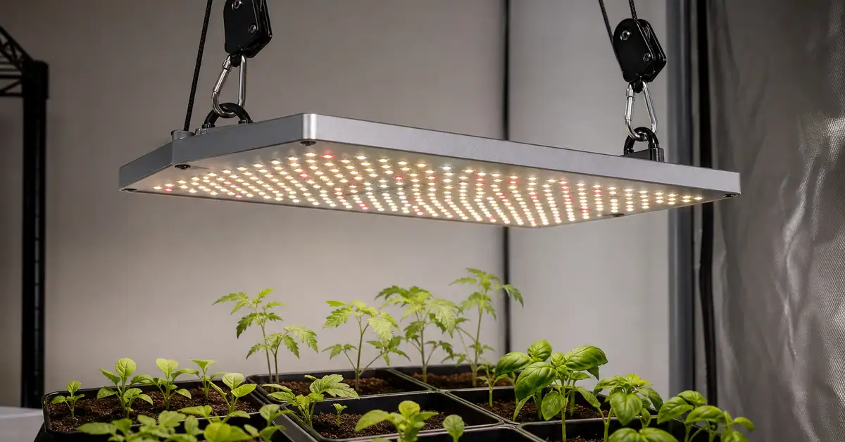 Compact LED quantum board with ratchet rope hangers above seedling trays