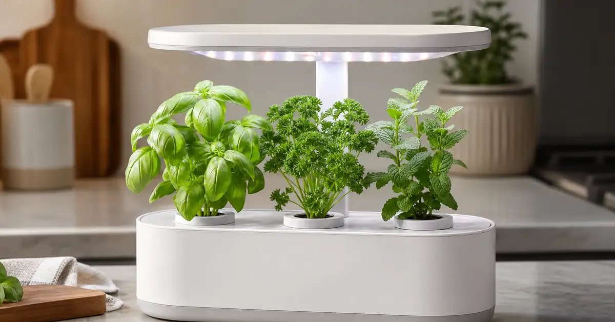 Compact three-pod indoor herb growing system with LED light lid