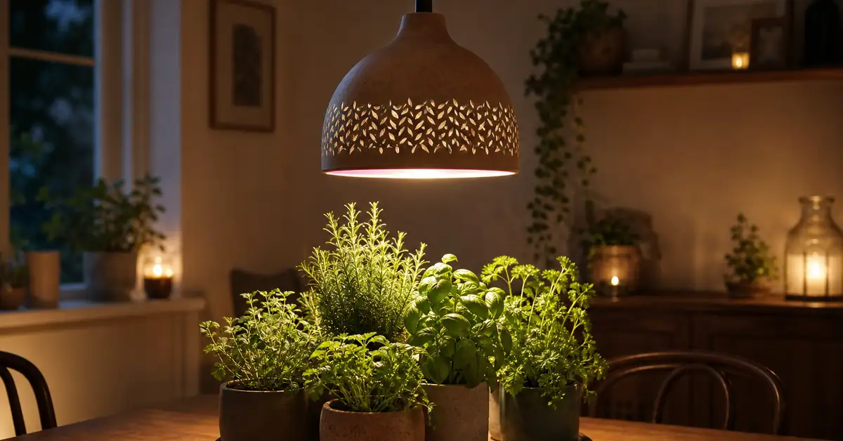 Decorative pendant lamp with grow light bulb hanging over herb pots on dining table