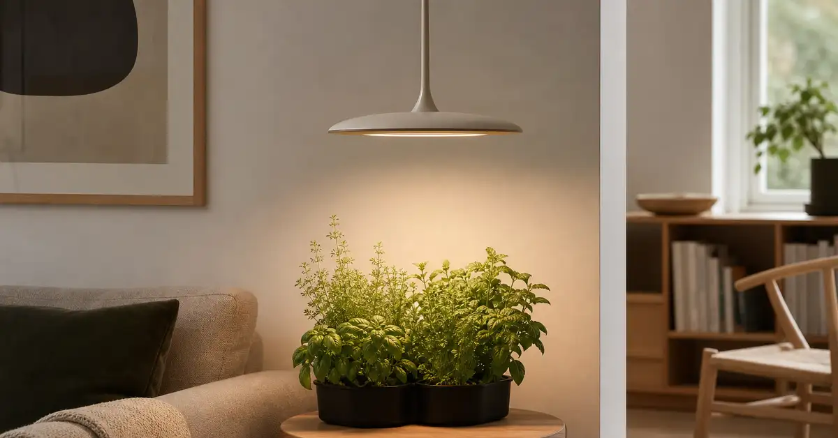 Designer pendant grow light hanging over herb garden on side table